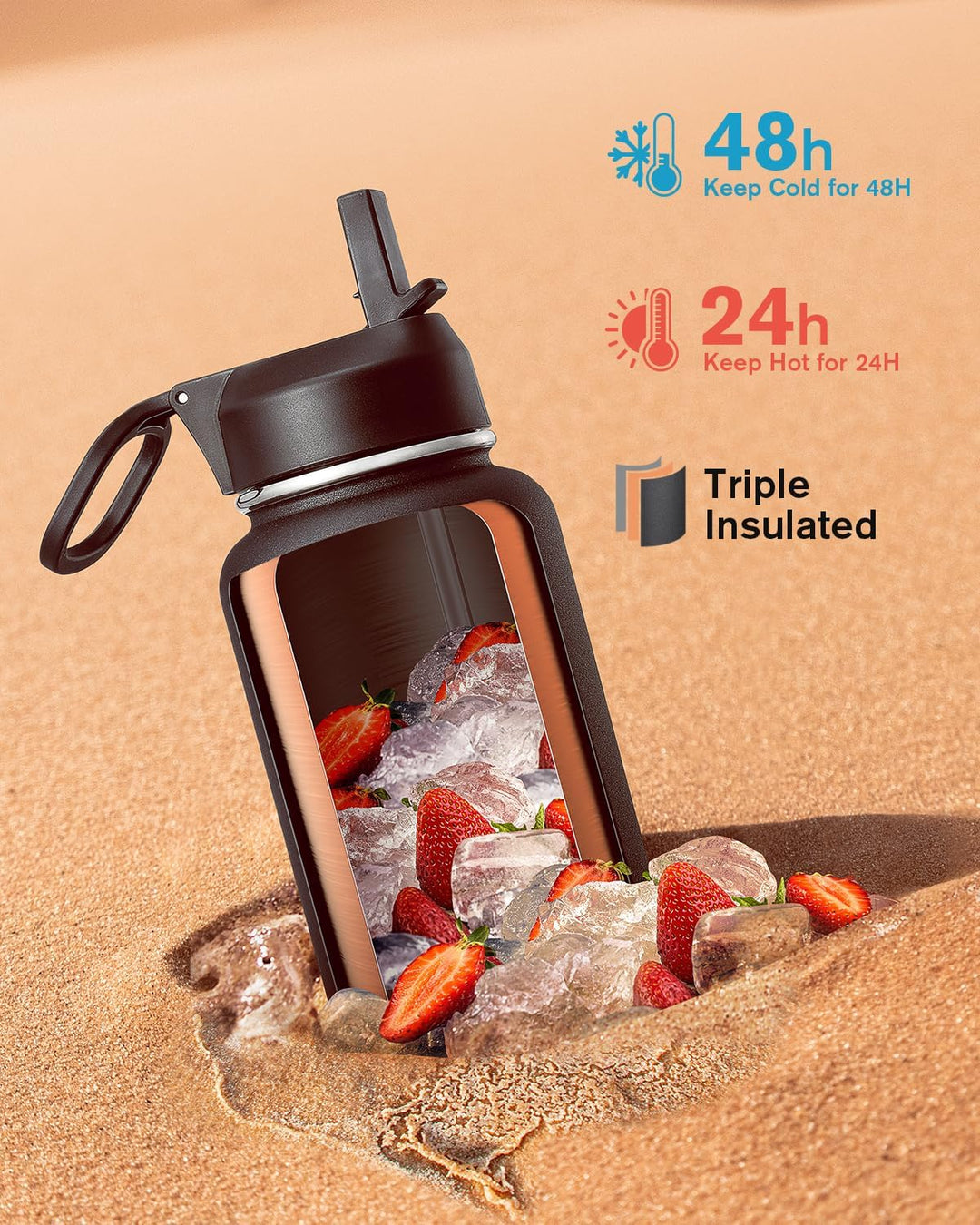 Coolflask 1180ml Isolierte Wasserflasche mit Strohhalm und 3 Deckeln, Metallwasserflasche für Sport