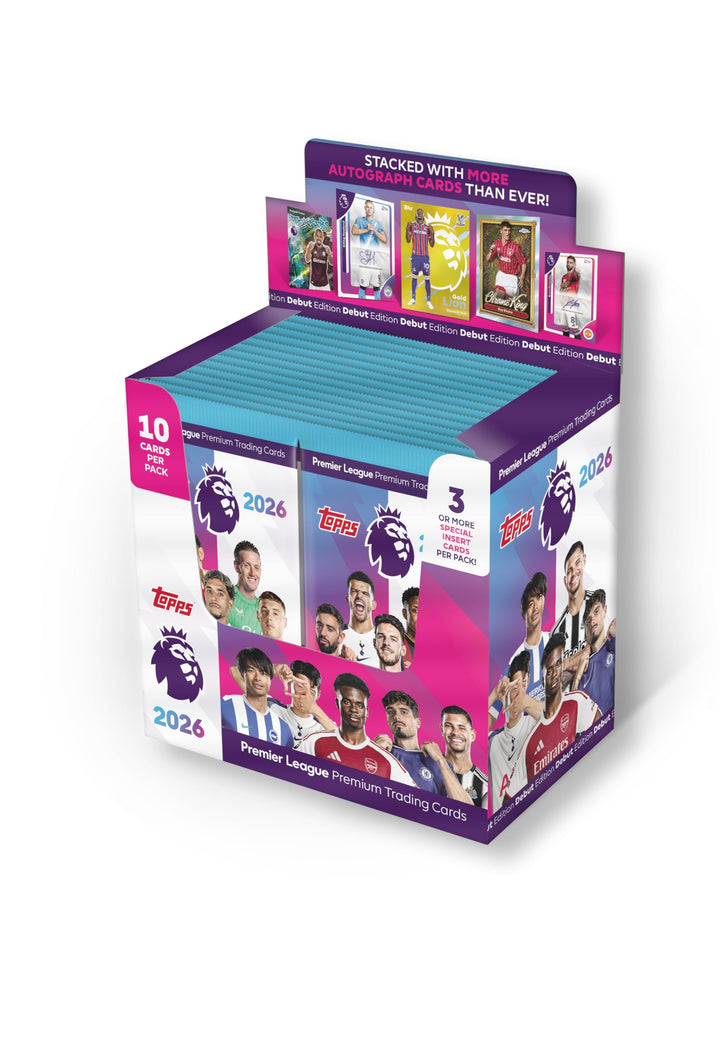 Topps Premier League 2026 - Debüt-Edition - Full Box - 28 Päckchen pro Box (280 Karten), 3 oder mehr