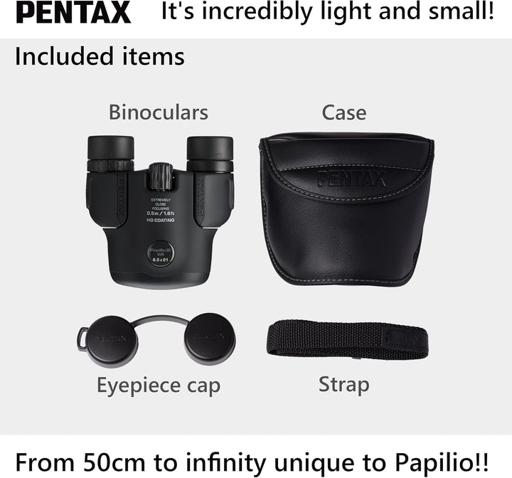 Pentax Papilio III Fernglas, 6,5 x 21, wetterfest, Schwarz, Fokus 50 cm, spritzwassergeschützt, Muse