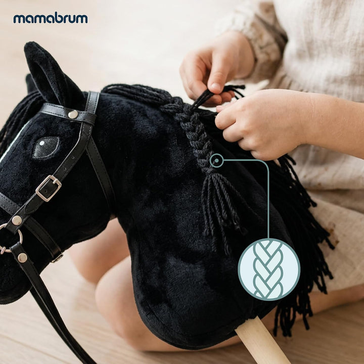 mamabrum Hobby Horse Schwarz Steckenpferd Kinder 68 cm | Steckenpferd mit Holzstab, abnehmbarem Zaum
