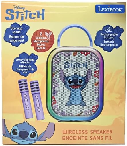 Lexibook, Stitch, Bluetooth-Karaoke-Maschine, blau, BTC030D | 2 kabellose Mikros, Akku, tragbares De