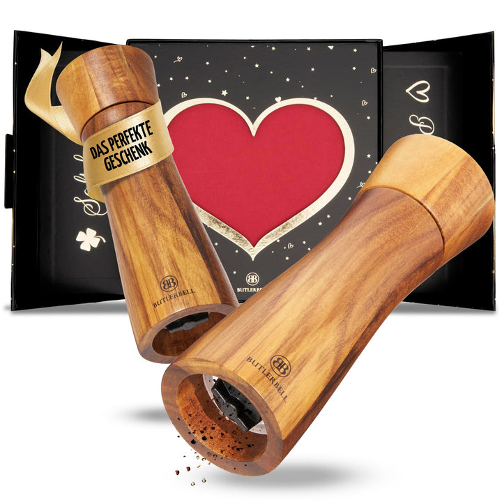 BUTLERBELL® Salz und Pfeffermühle Holz in Luxus Geschenkbox mit Herz ideal als Hochzeitsgeschenk | G