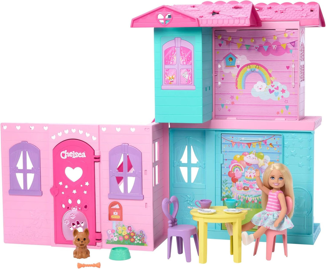 Barbie Chelsea Spielzeug-Puppenhaus mit über 15 Accessoires, das Pop-up-Haus erweitert Sich auf über