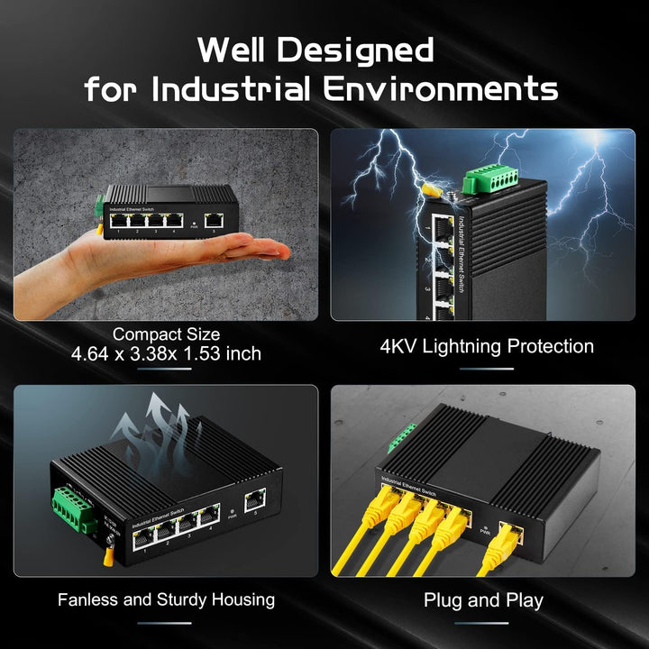 Binardat 5 Port Gigabit Din Rail Industrial Ethernet Switch, 4 Ports and 1 Uplink 10/100/1000Mbps, F