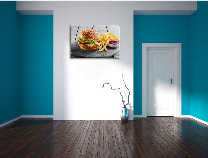 Pixxprint Chickenburger Pommes als Leinwandbild/Grösse: 100x70 cm/Wandbild/Kunstdruck/fertig bespann