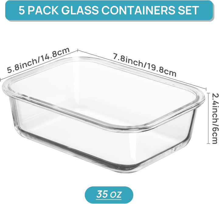 Vtopmart 5er-Pack Meal Prep Boxen Glas, 1035 ML Mealprepboxen für die Essensvorbereitung, Luftdicht