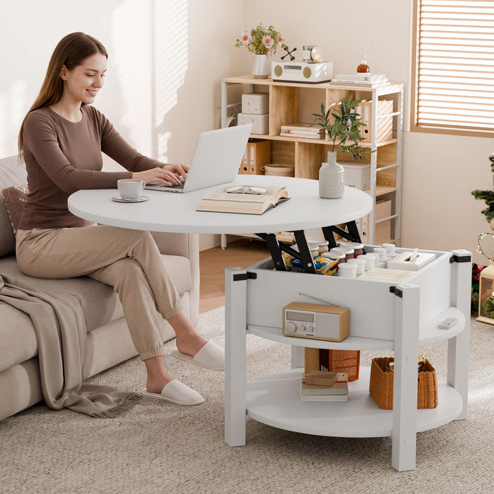 ELUCHANG Couchtisch Rund mit Hebeplatte, Couchtisch Höhenverstellbarer 2 in 1, Beistelltisch Wohnzim