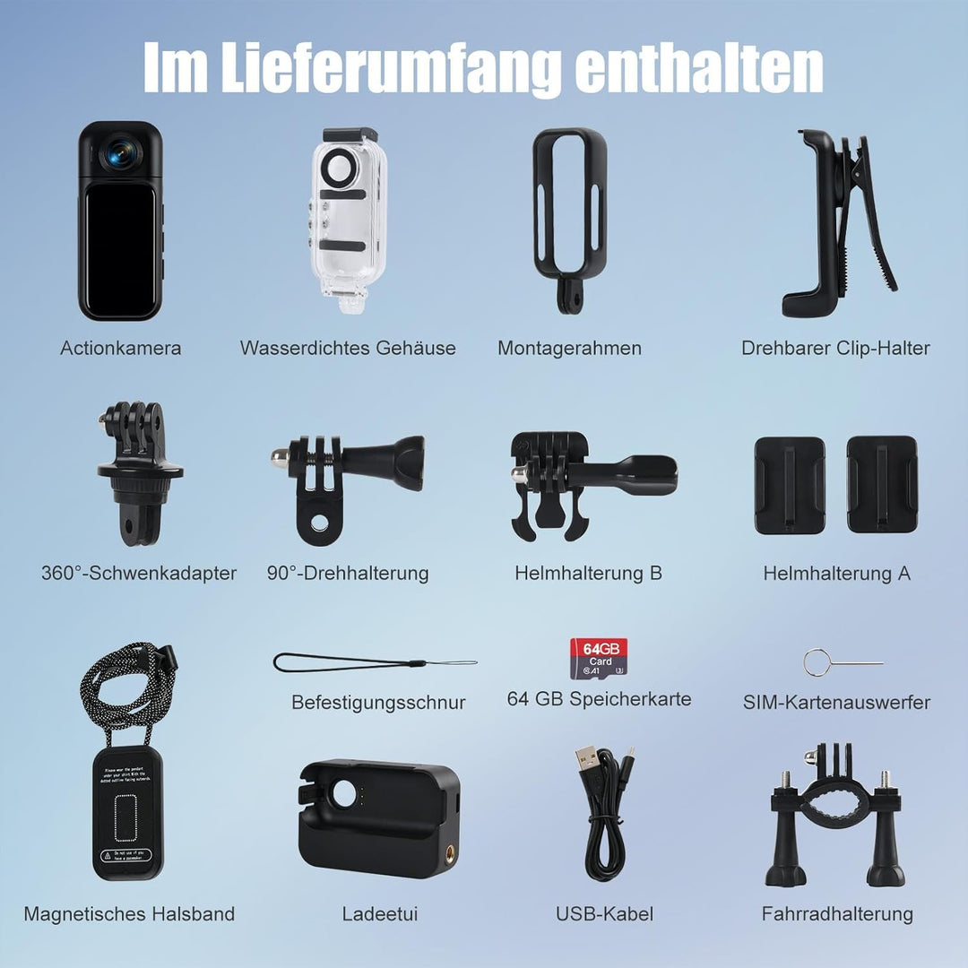 Action Cam Mit Touchscreen, 8-Stunden-Akku, Mini POV Bodycam, Wasserdicht 30M, 120° Weitwinkel, WLAN