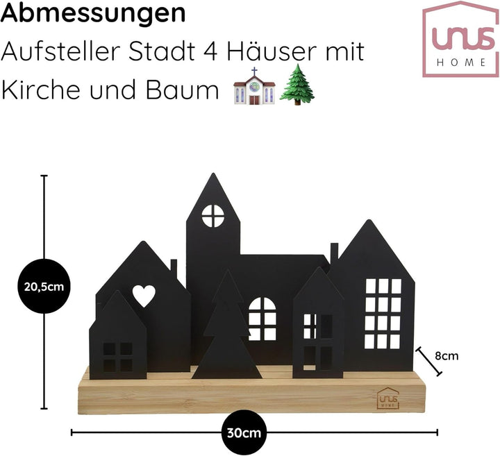 UNUS Stadt-Aufsteller - Deko-Häuser aus Holz und Metall mit Kirche und Baum - Schwarz Schwarz 4 Häus