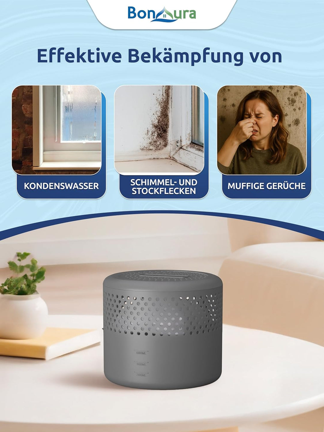 BonAura® 4x Luftentfeuchter ohne Strom + 8x 400g Luftentfeuchter Nachfüllpack - Raumentfeuchter bis