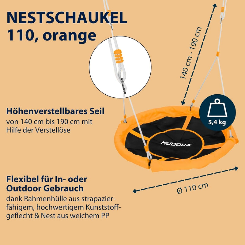 HUDORA Nestschaukel 110 - grün/orangefarbene Schaukel für bis zu 100kg - Hängeschaukel mit 110cm Dur