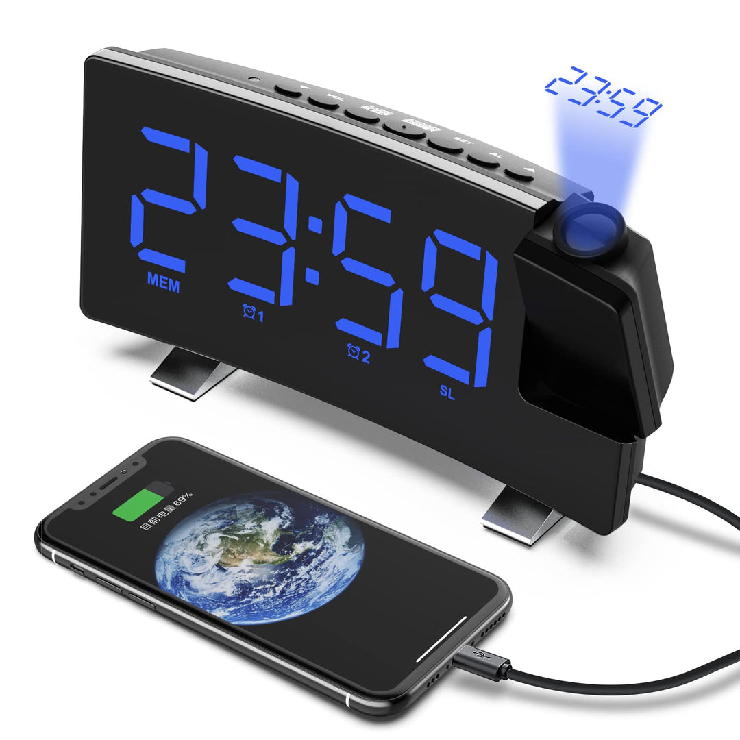 VORRINC Projektionswecker, Digital Wecker Radiowecker mit Projektion 180 °, USB-Anschluss Doppelalar