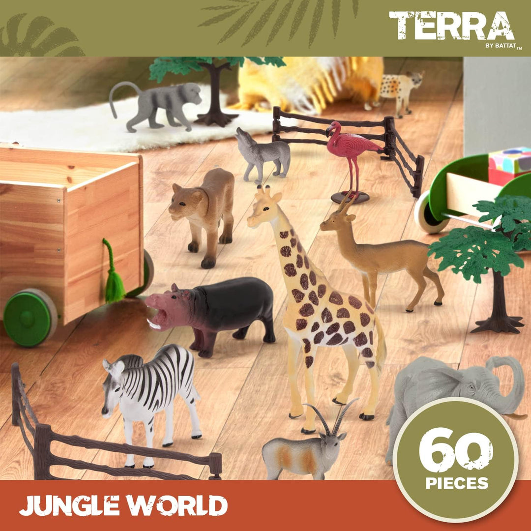 TERRA by Battat – Dschungelwelt – Dschungeltierfiguren &amp; Zubehör – 60-Teile Spielzeug-Tier-Eimer für