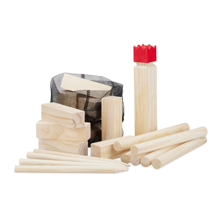 Relaxdays Wikinger Wurfspiel aus Kiefernholz, Natur Kubb Wikingerspiel, roter König, gross, Gartensp