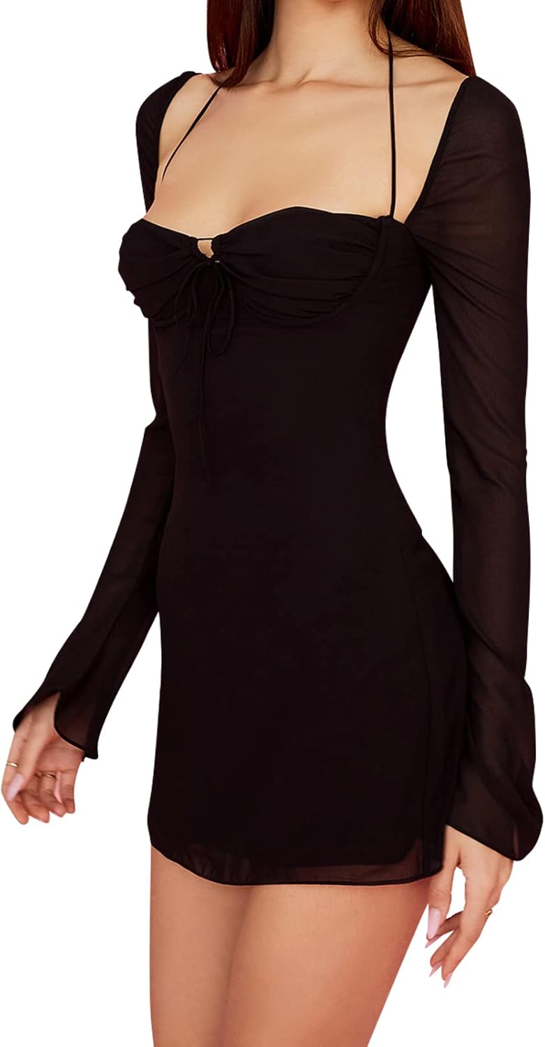 Zebaexf Damenkleid aus Netzstoff, lange Puffärmel, Mini-Kleid, figurbetont, süsser Ausschnitt, Party