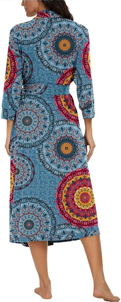 PrinStory Damen Bademantel Leichter 3/4 Ärmeln Morgenmantel V-Ausschnitt Kimono Roben Langes Nachtwä