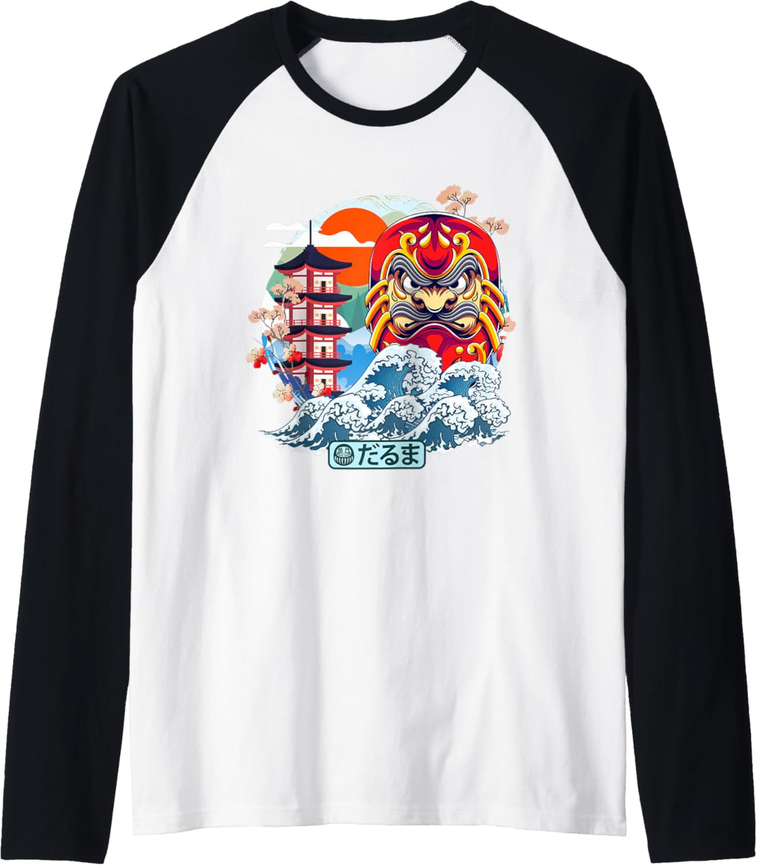 Japanische Daruma Great Wave Kanagawa Japanische Vintage-Kunst Raglan