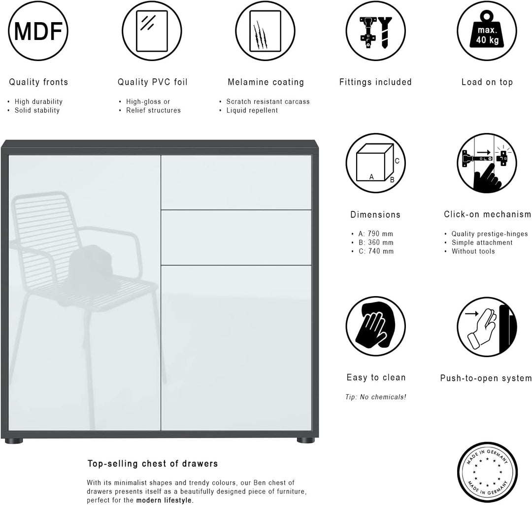 Vladon Sideboard Ben, Kommode mit 2 Türen und 2 Schubladen, Schwarz matt/Eiche Nordic (79 x 74 x 36