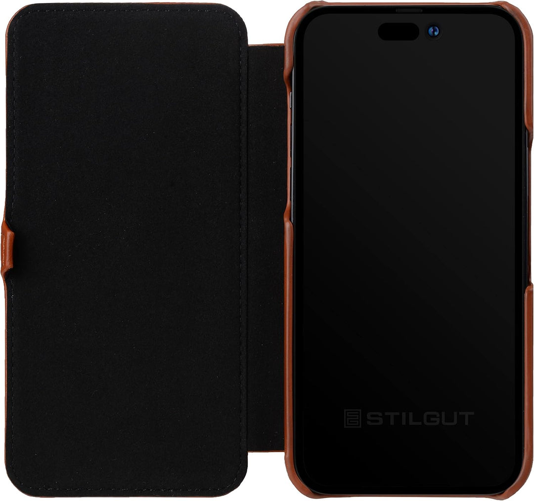 STILGUT Book Case kompatibel mit iPhone 14 Pro (6.1“) Hülle aus Leder mit Clip-Verschluss, Klapphüll
