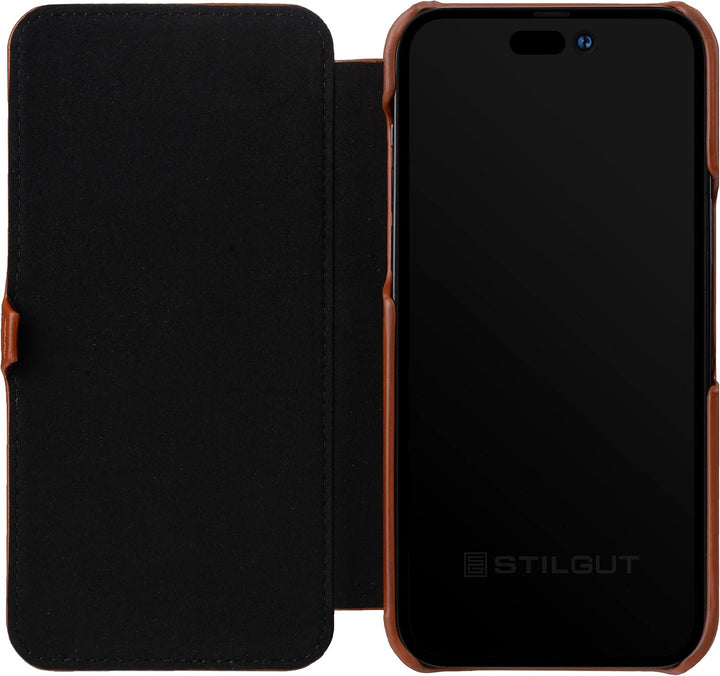 STILGUT Book Case kompatibel mit iPhone 14 Pro (6.1“) Hülle aus Leder mit Clip-Verschluss, Klapphüll