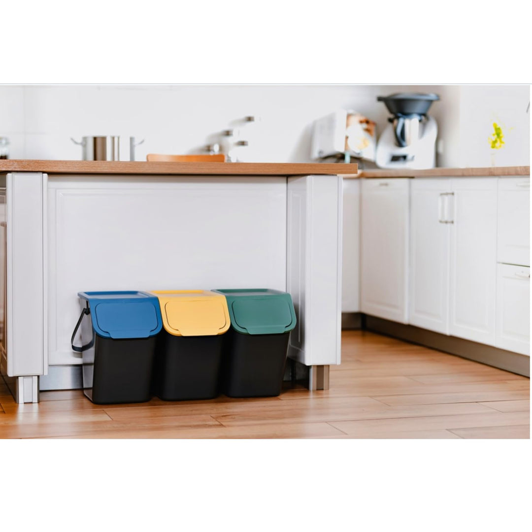 Practic Bini 3-er Mülleimer-Set, Müllbehälter, Stapelbar, Deckel mit Klick-System, Küche Mülltrennsy