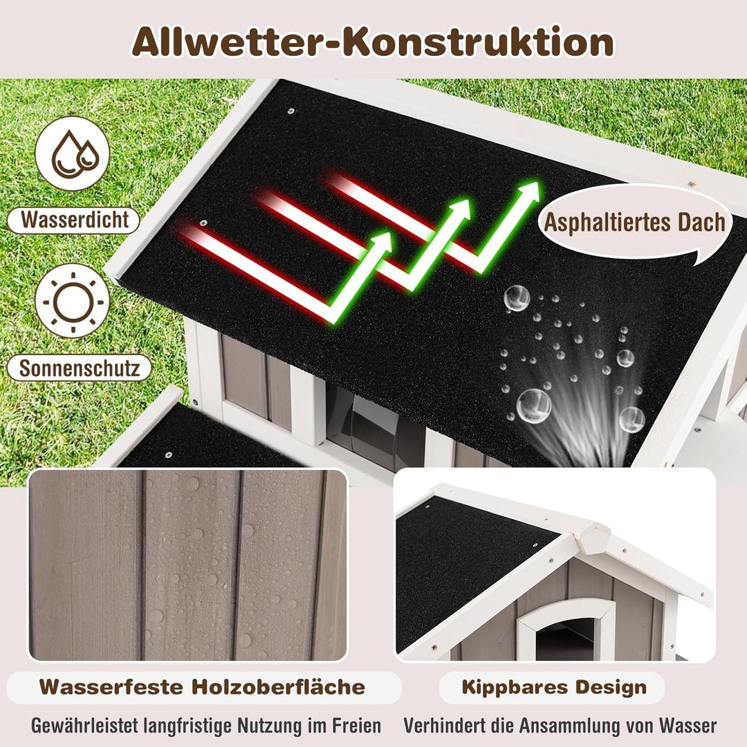 COSTWAY Katzenhaus Outdoor, 2-stöckige Katzenhütte, Katzenvilla mit Asphaltdach, Fluchttüren, PVC-Vo