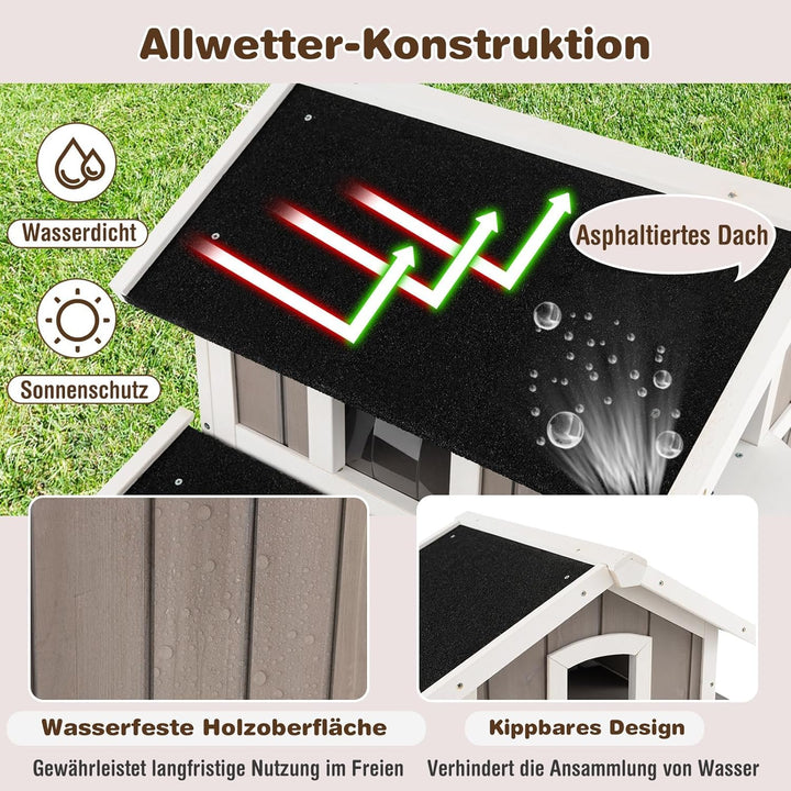 COSTWAY Katzenhaus Outdoor, 2-stöckige Katzenhütte, Katzenvilla mit Asphaltdach, Fluchttüren, PVC-Vo