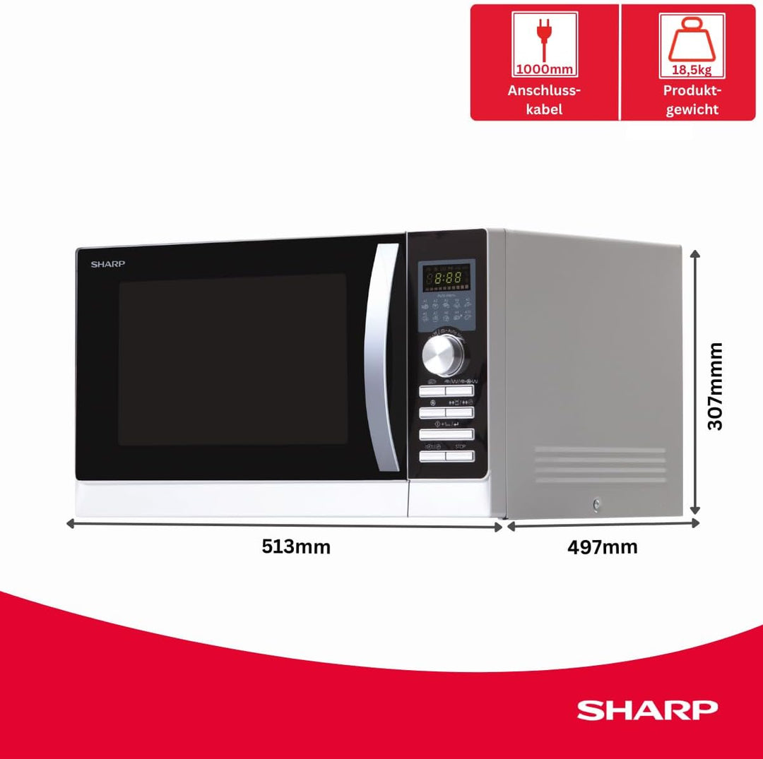 Sharp R843INW 3-in-1 Mikrowelle mit Heissluft, Grill und Konvektion/25 L/800 W/ 1000 W Grill / 2500