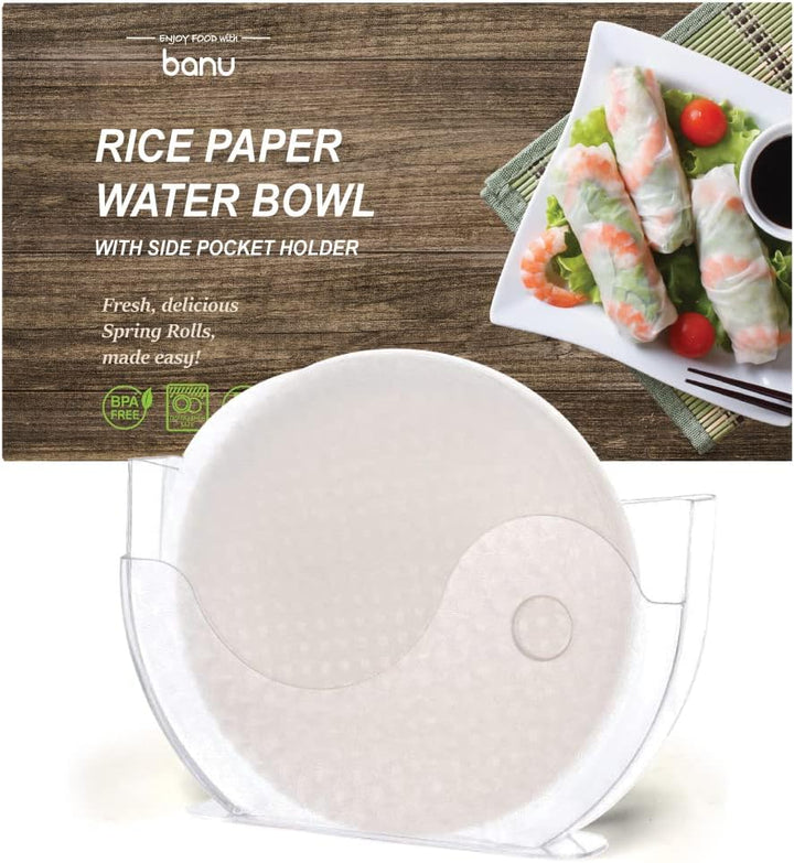 BANU Reispapier-Wasserschale mit Seitentaschen-Halter für Reispapierverpackungen für Frühlingsrollen