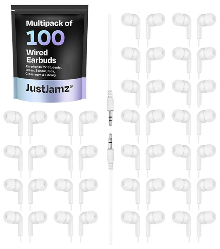JustJamz® Basic | 100 Stück | Schüttgut einfache Ohrhörer, perlweisse In-Ear-Ohrhörer, 3.5-mm-Audiob