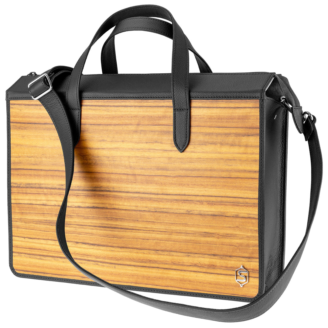 Laptop-Tasche James | Gefertigt aus Echtholz Typ Amazaque und Rindleder | Notebook-Tasche 15" Schwar