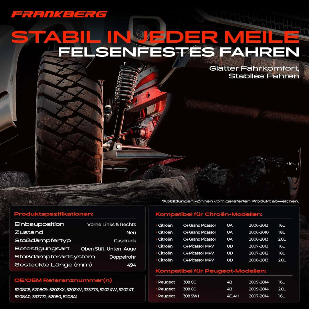 Frankberg 2x Stossdämpfer Vorderachse Kompatibel mit C4 Grand Picasso I UA SUV 1.6L-2.0L 2006-2013 C