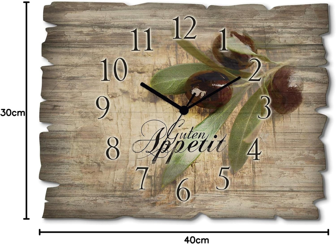 ARTLAND Wanduhr ohne Tickgeräusche aus Holz Quarzuhr 40x30 cm Rechteckig Lautlos Guten Appetit Essen