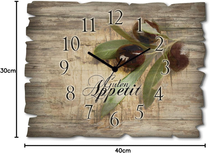 ARTLAND Wanduhr ohne Tickgeräusche aus Holz Quarzuhr 40x30 cm Rechteckig Lautlos Guten Appetit Essen