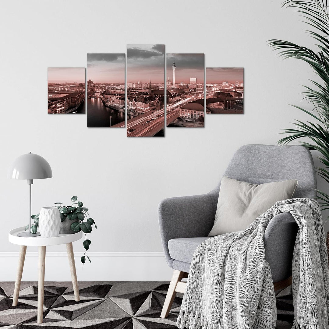 Runa Art Wandbilder Berlin 5 Teilig Bild auf Vlies Leinwand Deko Büro Wohnzimmer Stadt Grau Rosa 605