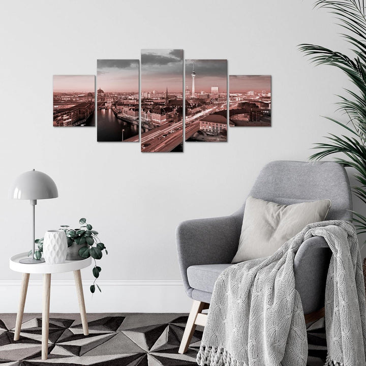 Runa Art Wandbilder Berlin 5 Teilig Bild auf Vlies Leinwand Deko Büro Wohnzimmer Stadt Grau Rosa 605