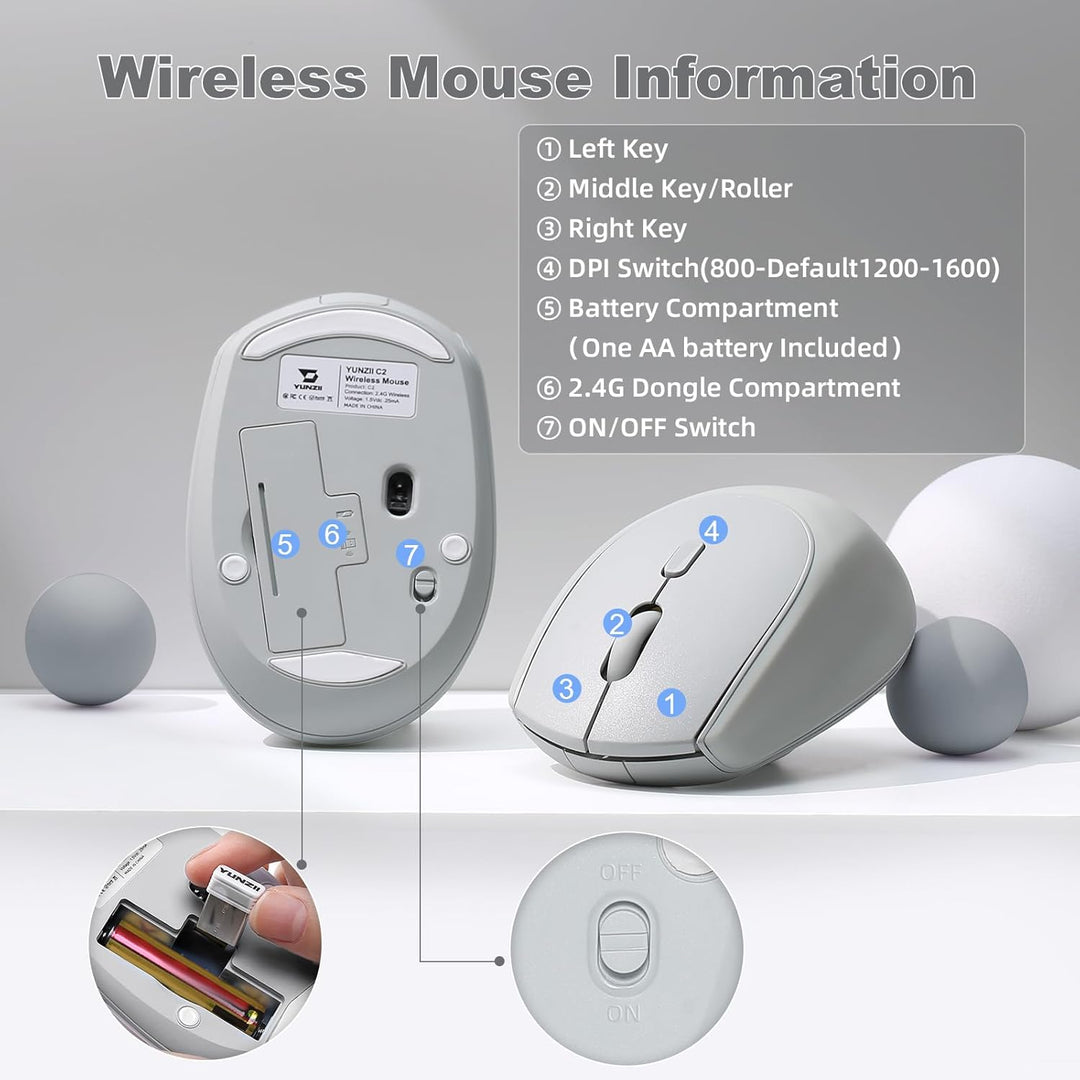 YUNZII C2 Drahtlose Maus, 2,4 GHz Silikon-Lautlose Funkmaus, 3 Verstellbare DPI, 1600 DPI Tracking,