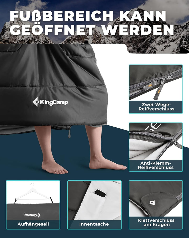 KingCamp Deckenschlafsack,Doppelschlafsack,220x150cm mit 2 Kissen,Schlafsack für 2 Personen,12℃ bis