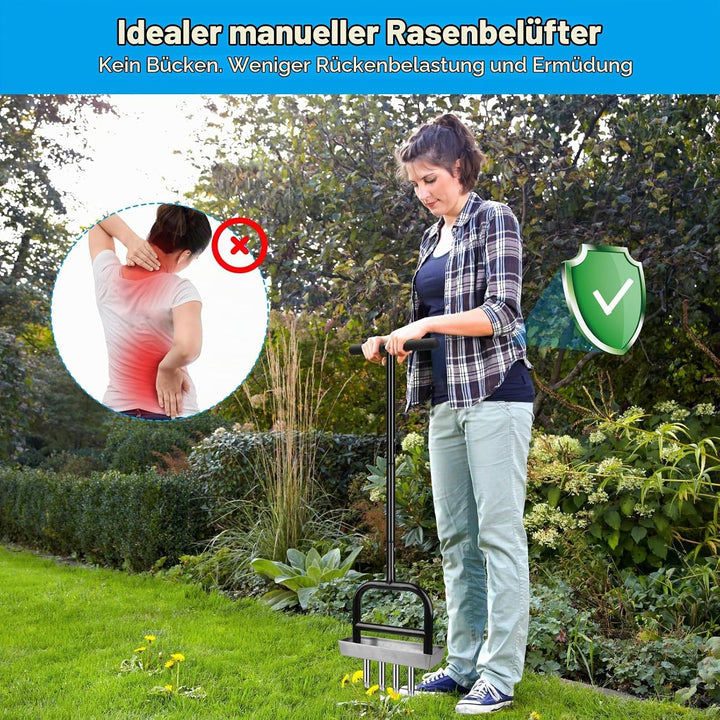 Rasenbelüfter mit 4 Edelstahl-Kern &amp; Ablageschale, Manueller Rasenlüfter mit T-Griff, Aerifizierer f