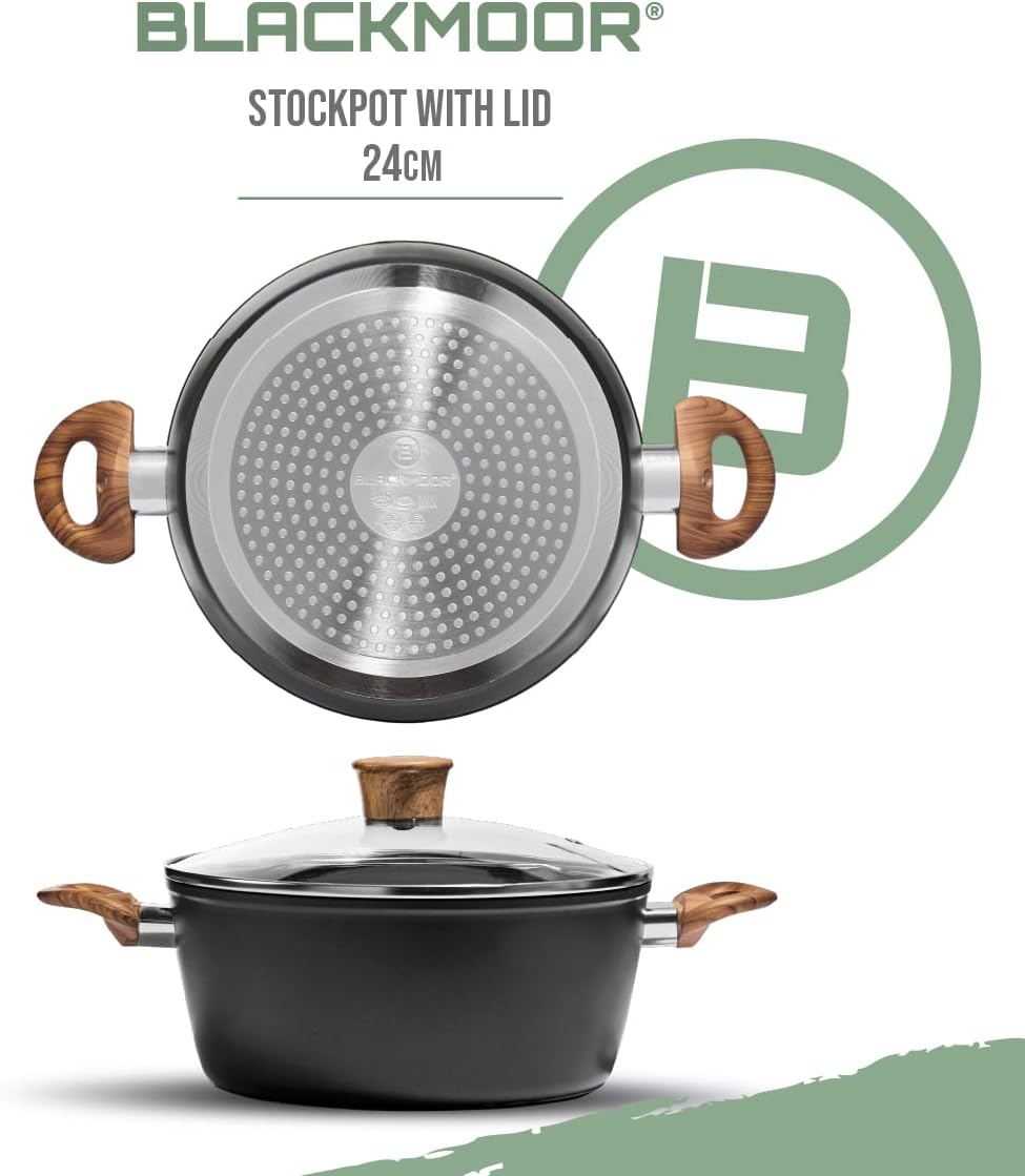 Blackmoor Suppentopf 24 cm mit Deckel aus gehärtetem Glas / Antihaft-Keramikbeschichteter Topf mit G