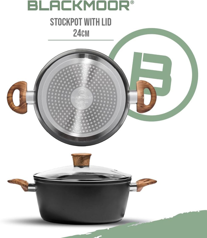 Blackmoor Suppentopf 24 cm mit Deckel aus gehärtetem Glas / Antihaft-Keramikbeschichteter Topf mit G
