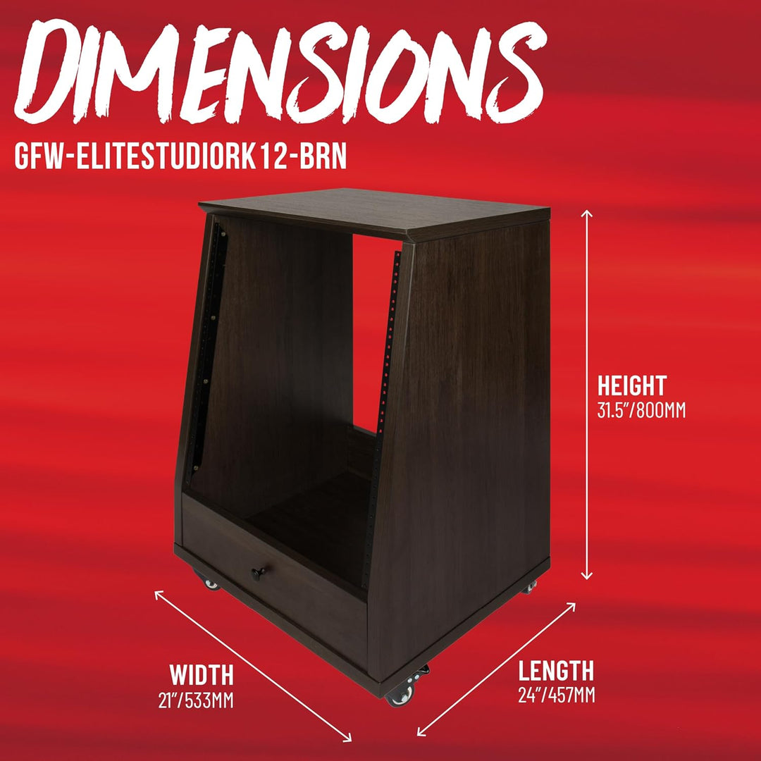 Gator Frameworks Elite Furniture Serie 12U abgewinkeltes Studiorack mit feststellbaren Rollen, braun