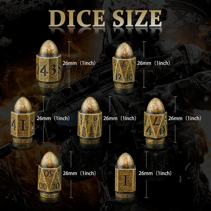 D&D Würfel Set 7 Stück aus Metall, Polyedrische Würfel in Bullet Bronze, für D&D, Rollenspiel Würfel
