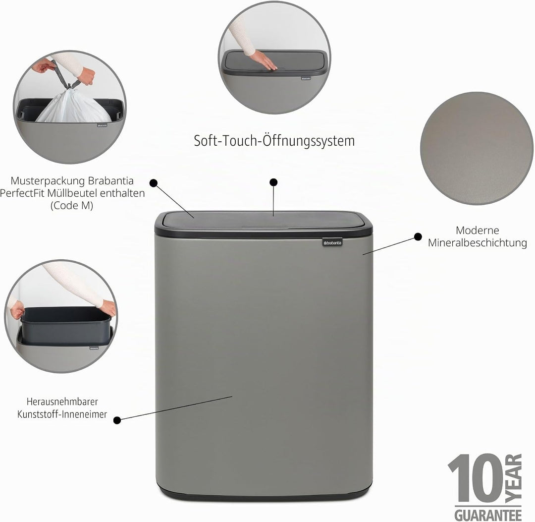 Brabantia 223129 Bo Touch Abfalleimer, mit 1 x 60-Liter-Inneneimer (Mineralbeton-Grau), Abfall- / Re