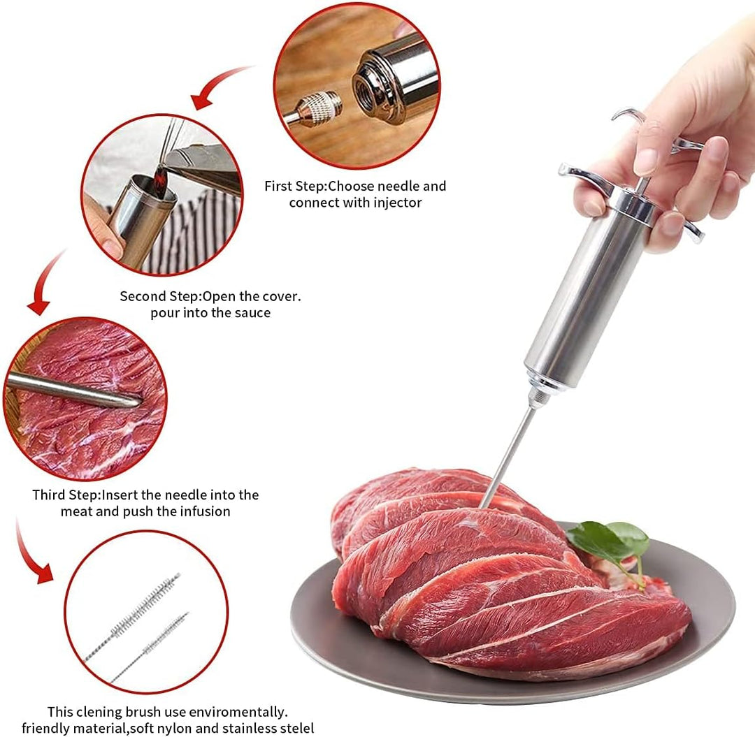 Fleischspritze Marinadenspritze,BBQ Bratenspritze 60ml mit 3 Nadeln,304 Edelstahl-Gewürzspritze,Pöke