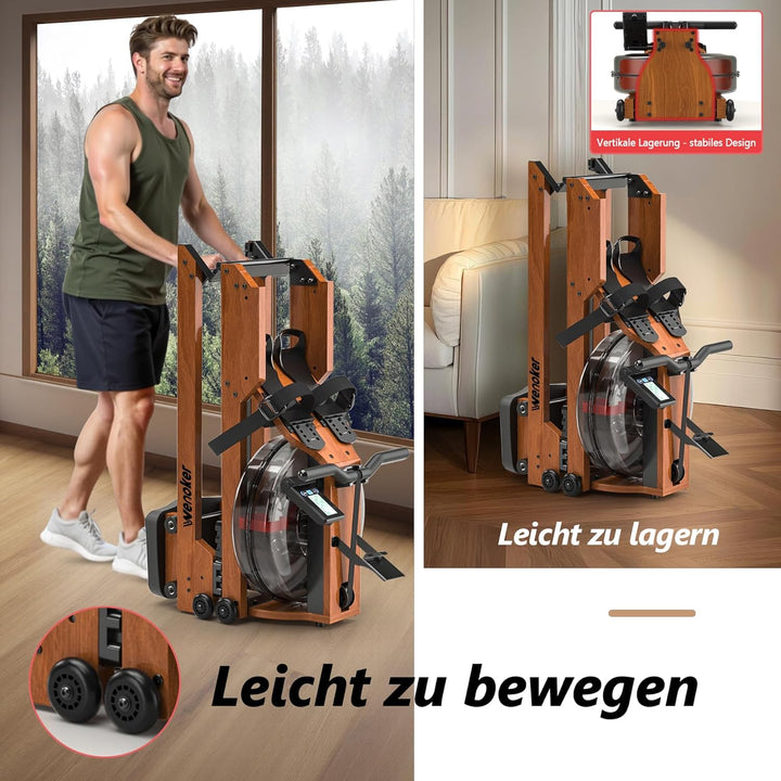 [2026 Testversion] Wenoker Wasser Rudergerät für zuhause Holz Klappbar, Komfortabler Sitz, Bluetooth