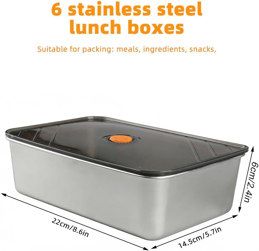 6er Set Stapelbare Edelstahl-Box 21.8 * 14.5 * 6 cm Edelstahl Brotdose Luftdicht Lebensmittelbehälte
