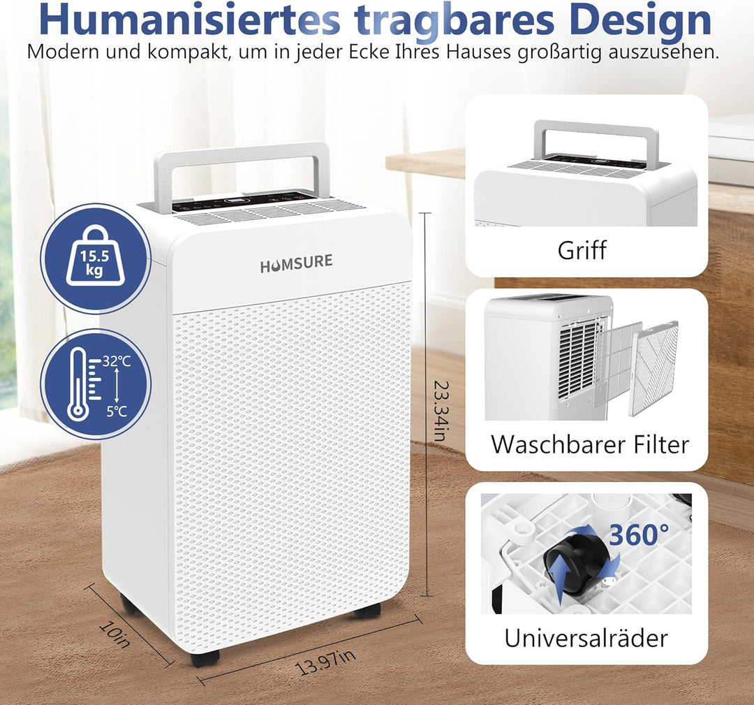 HUMSURE Luftentfeuchter Elektrisch 25L/24H, Luftentfeuchter Kellerräume mit 5,5 Liter Wassertank, Ti