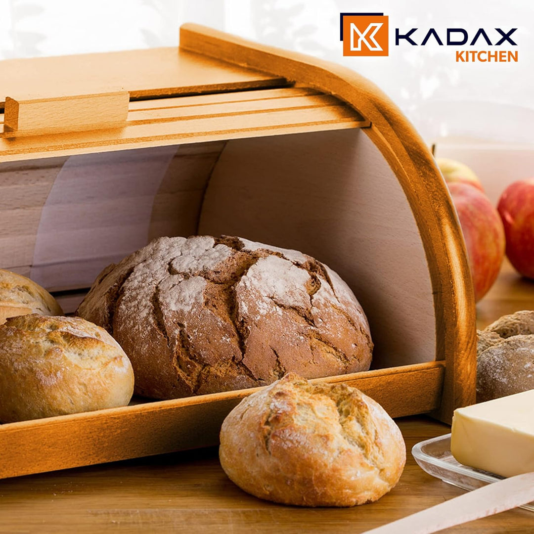 KADAX geräumiger Brotkasten aus hochqualitativem Holz, Brotbehälter mit Rolldeckel für längere frisc