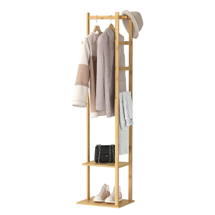 unho Garderobenständer Bambus, freistehender Kleiderständer, Garderobe mit Kleiderstange, 2 Ablagen,